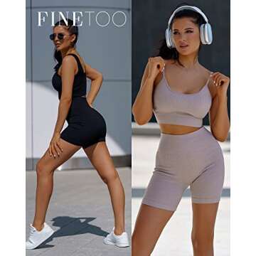 FINETOO Workout Sets for Women 4 Pieces Ribbed Crop Tank Shorts Active Gym Exercise matching athletic sets High Waisted Sports Yoga Outfit S-L (XS)