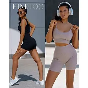 FINETOO Workout Sets for Women 4 Pieces Ribbed Crop Tank Shorts Active Gym Exercise matching athletic sets High Waisted Sports Yoga Outfit S-L (XS)
