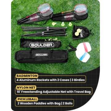 Boulder Sports All-in-One Pickleball & Badminton Set - Portable, Adjustable Net with Paddles & Rackets