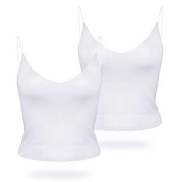 Amilia Women's Basic Solid Deep V Neck Cami Spaghetti Double Layer Crop Tank Tops Casual Shirts (Whi...