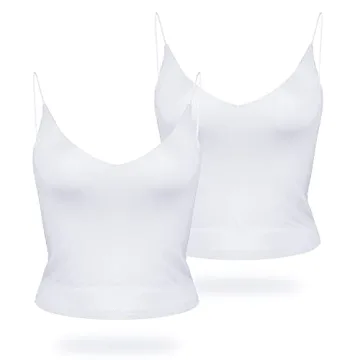Amilia Women's Basic Solid Deep V Neck Cami Spaghetti Double Layer Crop Tank Tops Casual Shirts (Whi...