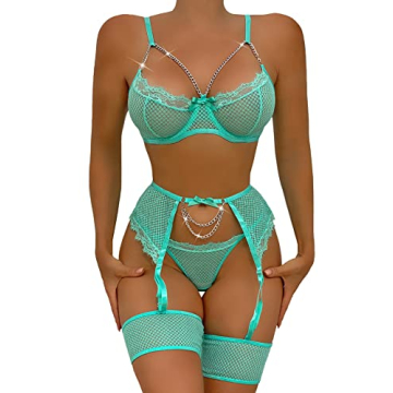 Aranmei Women’s Sexy Eyelash Fishnet Lingerie Set Chain Babydoll Underwire Bra and Panty Sets with...