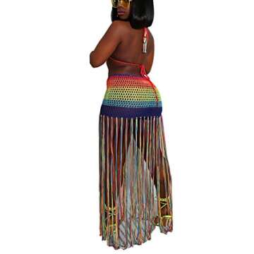 Bluewolfsea Women Sexy Tassels Hollow Out 2 Piece Outfits Rainbow Stripe Bikini Top and Maxi Skirt Set Beach Coverup Large Rainbow