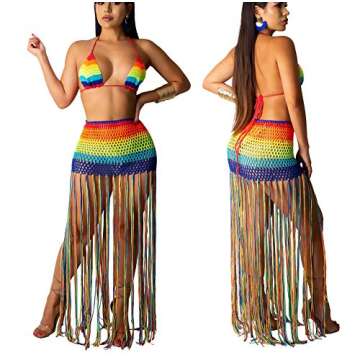 Bluewolfsea Women Sexy Tassels Hollow Out 2 Piece Outfits Rainbow Stripe Bikini Top and Maxi Skirt Set Beach Coverup Large Rainbow