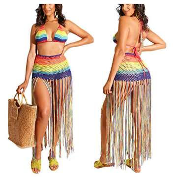 Bluewolfsea Women Sexy Tassels Hollow Out 2 Piece Outfits Rainbow Stripe Bikini Top and Maxi Skirt Set Beach Coverup Large Rainbow