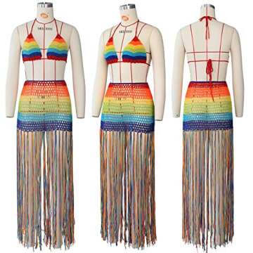 Bluewolfsea Women Sexy Tassels Hollow Out 2 Piece Outfits Rainbow Stripe Bikini Top and Maxi Skirt Set Beach Coverup Large Rainbow