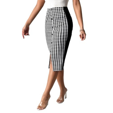 SweatyRocks Women's Houndstooth High Waist Pencil Skirt Button Front Split Bodycon Midi Skirts White...