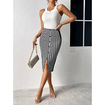 Stylish SweatyRocks Houndstooth High Waist Midi Skirt