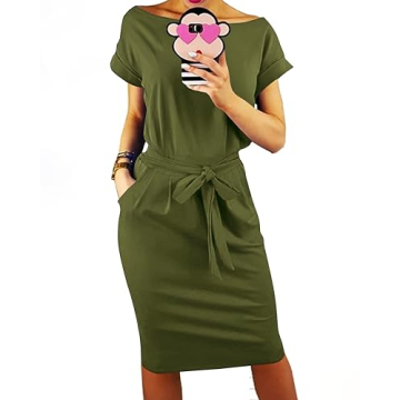 PRETTYGARDEN Women's Summer Short Sleeve Crewneck Striped Dress Basic Solid Tie Waist Office T Shirt...