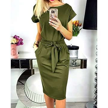 PRETTYGARDEN Women's Chic Short Sleeve Tie Waist Dress 2023