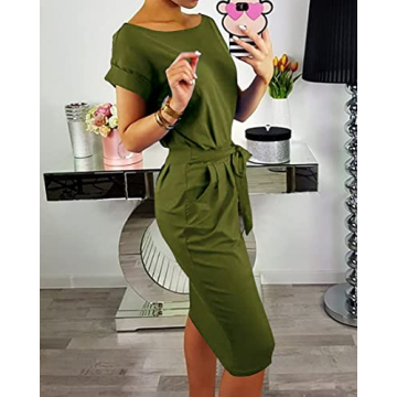 PRETTYGARDEN Women's Chic Short Sleeve Tie Waist Dress 2023