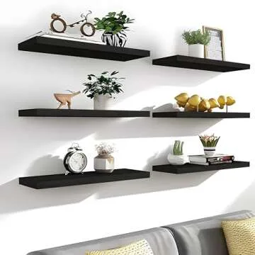 IKJZIZP Rustic Farmhouse Floating Shelves for Wall Decor Storage Wood Wooden Wall Shelves for Bedroom Bathroom Kitchen Living Room - Black Set of 6