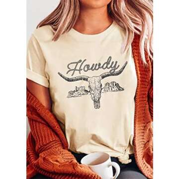 Howdy Shirt for Women Cow Skull T-shirt Western Country Music Top Vintage Cowboy Graphic Shirts Funny Letter Print Tee