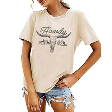Howdy Shirt for Women Cow Skull T-shirt Western Country Music Top Vintage Cowboy Graphic Shirts Funny Letter Print Tee