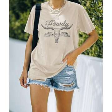 Howdy Shirt for Women Cow Skull T-shirt Western Country Music Top Vintage Cowboy Graphic Shirts Funny Letter Print Tee