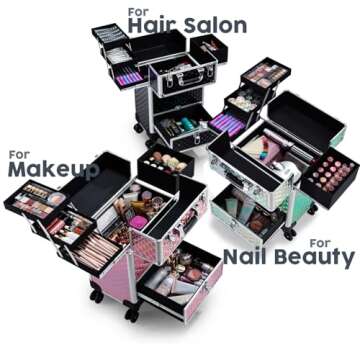 Rolling Makeup Case with Drawer Cosmetology Case on Wheels Makeup Trolley Sliding Drawer Makeup Trav...