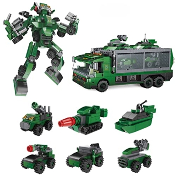 PicassoTiles 655pc Transformer Building Brick Military Army Truck Vehicle Model 6-in-1 Robot STEM Le...
