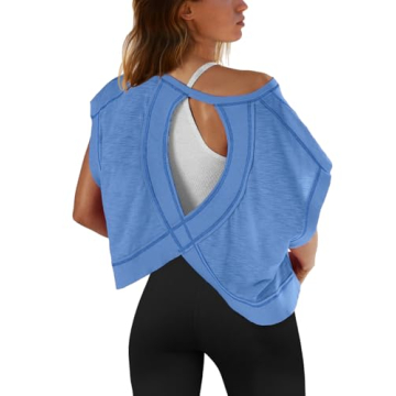 SENSERISE Womens Open Back Workout Tops Backless Short Sleeve Athletic Shirt Running Crop Top Gym Yo...