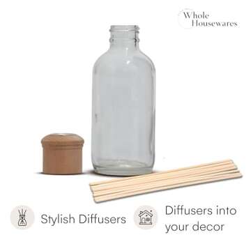 Whole Housewares Reed Diffusers for Home - Transparent Glass with Wooden Top - Elegant Empty Design - Ideal Bathroom Diffuser - 4 Pieces - Stable and Artistic Base - Oil Stick Diffuser - 4.9 x 1.9 in