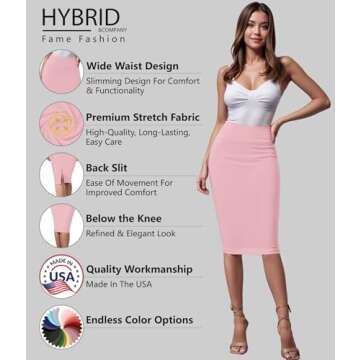 Hybrid & Company Women's Premium Nylon Ponte Stretch High Waist Pencil Suit Skirt Below Knee KSK4500...