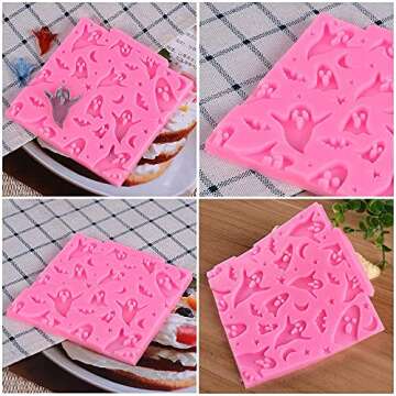 6Pcs Mini Halloween Fondant Molds，Halloween Party Cupcake Topper Decorating Tools Bat Pumpkin Skull Ghost Chocolate Cake Candy Molds for Making Gum Paste, Polymer Clay, Epoxy Resin…