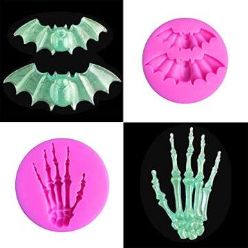 6Pcs Mini Halloween Fondant Molds，Halloween Party Cupcake Topper Decorating Tools Bat Pumpkin Skull Ghost Chocolate Cake Candy Molds for Making Gum Paste, Polymer Clay, Epoxy Resin…