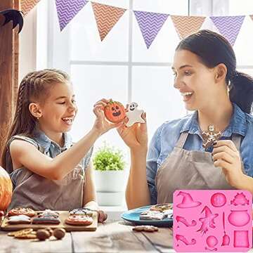 6Pcs Mini Halloween Fondant Molds，Halloween Party Cupcake Topper Decorating Tools Bat Pumpkin Skull Ghost Chocolate Cake Candy Molds for Making Gum Paste, Polymer Clay, Epoxy Resin…