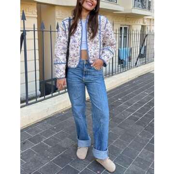 Yimoon Women's Cropped Puffer Jacket Floral Print Lightweight Short Padded Quilted Coat Open Front Winter Outwear(White-M)