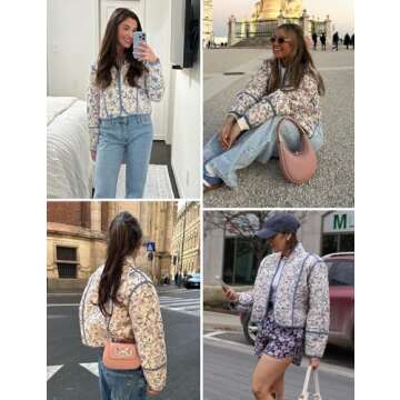 Yimoon Women's Cropped Puffer Jacket Floral Print Lightweight Short Padded Quilted Coat Open Front Winter Outwear(White-M)