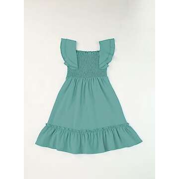 blibean Tween Girl Summer Dress Kid Ruffle Short Sleeve Outfit Solid Semi Formal Dressy Clothes Boho Fancy Party Clothing Size 10-12 Years Old Green