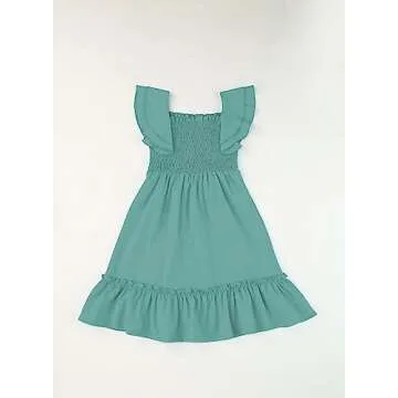 blibean Tween Girl Summer Dress Kid Ruffle Short Sleeve Outfit Solid Semi Formal Dressy Clothes Boho Fancy Party Clothing Size 10-12 Years Old Green