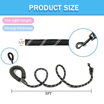Gusiwhoo 5FT Reflective Dog Leash: Comfortable Padded Handle & Highly Reflective Threads Heavy Duty Rope Dog Leashes for Medium Large Dogs (Purple)