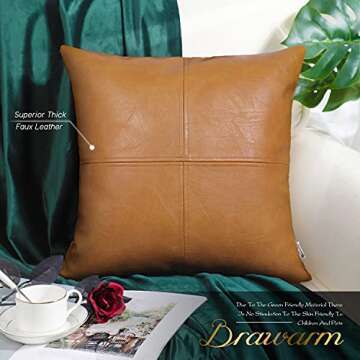 BRAWARM Faux Leather Throw Pillow Covers 18 X 18 Inches, Tan Leather Pillow Cover, Hand Stitched Lea...