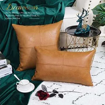 BRAWARM Faux Leather Throw Pillow Covers 18 X 18 Inches, Tan Leather Pillow Cover, Hand Stitched Leather Decorative Pillow Cover for Couch Sofa Bed Living Room Home Garden