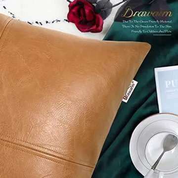 BRAWARM Faux Leather Throw Pillow Covers 18 X 18 Inches, Tan Leather Pillow Cover, Hand Stitched Leather Decorative Pillow Cover for Couch Sofa Bed Living Room Home Garden