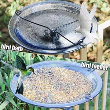 MUMTOP Deck Mounted Bird Bath, Glass Bird Baths Bowl Spa with Adjustable Sturdy Steel Clamp for Outdoor Garden Patio Lawn Yard Deck Railing Decoration, Blue