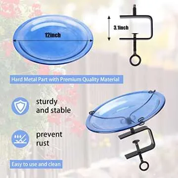 MUMTOP Deck Mounted Bird Bath, Glass Bird Baths Bowl Spa with Adjustable Sturdy Steel Clamp for Outdoor Garden Patio Lawn Yard Deck Railing Decoration, Blue