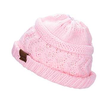 Rosoz 2 Pack Ponytail Beanie for Women,Winter Warm Beanie Tail Soft Stretch Cable Knit Messy High Bun Hat