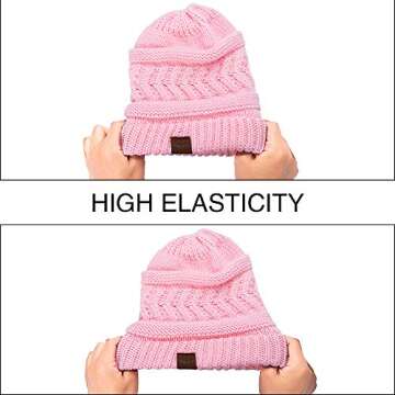 Rosoz 2 Pack Ponytail Beanie for Women,Winter Warm Beanie Tail Soft Stretch Cable Knit Messy High Bun Hat