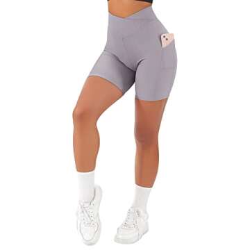 SUUKSESS Women Cross Waist Workout Shorts with Pockets - Ribbed High Waisted Booty Biker Shorts (#1 ...