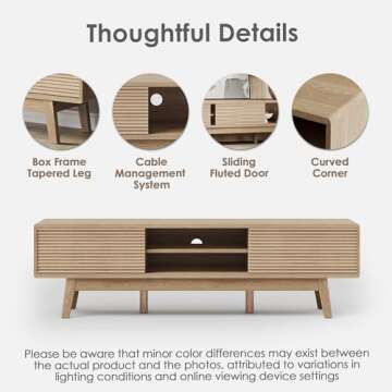TOLEAD 59" TV Console, Mid Century Modern Media Console for 55/60/65 Inch TV, Low Profile TV Stand with Fluted Sliding Doors, Boho Light Wood Credenza for Living Room, Oak
