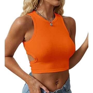 Dwnval Womens Summer Halter Tops Cutout Sleeveless Crewneck Racerback Ribbed Knitted Crop Tank Top(O...
