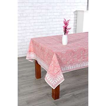 Ridhi Tablecloth 100% Cotton, 60"x60" Square Washable Table Cloths with Indian Hand Block Print for Kitchen Dining Tabletop Decoration Picnic Events Parties Weddings Sweet Pink and White Floral