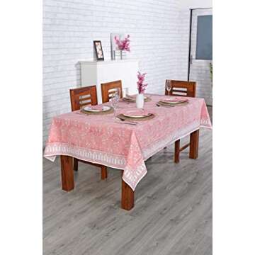 Ridhi Tablecloth 100% Cotton, 60"x60" Square Washable Table Cloths with Indian Hand Block Print for Kitchen Dining Tabletop Decoration Picnic Events Parties Weddings Sweet Pink and White Floral