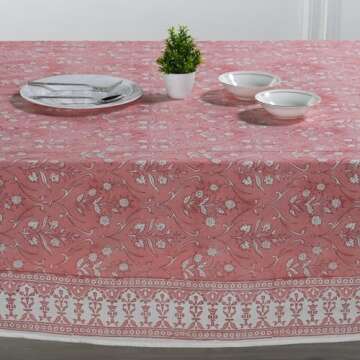 Ridhi Tablecloth 100% Cotton, 60"x60" Square Washable Table Cloths with Indian Hand Block Print for Kitchen Dining Tabletop Decoration Picnic Events Parties Weddings Sweet Pink and White Floral