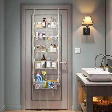 1Easylife Over the Door Organizer, 5-Tier Pantry Door Storage and Organization with 5 Baskets, Heavy-Duty Metal Back of Door Spice Rack Door Shelf Organizer (3x4.72+2x5.9 Width Baskets, Cream White)