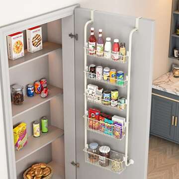 1Easylife Over the Door Organizer, 5-Tier Pantry Door Storage and Organization with 5 Baskets, Heavy-Duty Metal Back of Door Spice Rack Door Shelf Organizer (3x4.72+2x5.9 Width Baskets, Cream White)