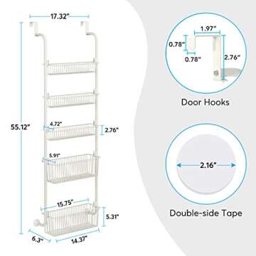 1Easylife Over the Door Organizer, 5-Tier Pantry Door Storage and Organization with 5 Baskets, Heavy-Duty Metal Back of Door Spice Rack Door Shelf Organizer (3x4.72+2x5.9 Width Baskets, Cream White)