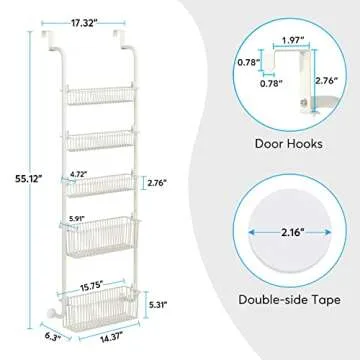 1Easylife Over the Door Organizer, 5-Tier Pantry Door Storage and Organization with 5 Baskets, Heavy-Duty Metal Back of Door Spice Rack Door Shelf Organizer (3x4.72+2x5.9 Width Baskets, Cream White)