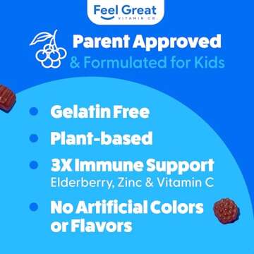 Feel Great Vitamin Co. Elderberry Gummies for Kids | Immune Support | Natural Antioxidant Immune Booster | with Vitamin C and Zinc | Gluten Free & Vegetarian | 90 Gummies